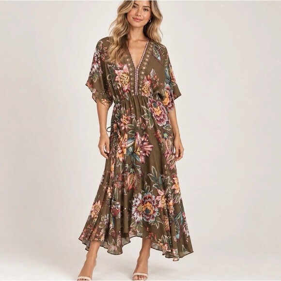 FARM Rio Dresses & Skirts - Farm Rio Anthropologie Valentina Floral Maxi Dress M Brown Boho Kimono Sleeve